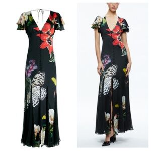 Alice + Olivia Red and Black Asymmetrical Maxi Dress